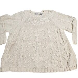 Vintage Cream Cable Knit Floral Embroidered Sweater Womens Medium Cottagecore